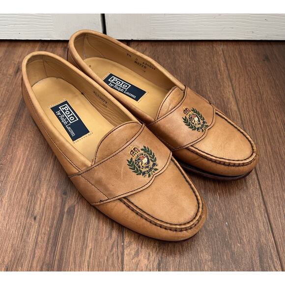 POLO RALPH LAUREN Men’s Vintage Camel Leather Embroidered Crest Loafers Sz 9.5D main image 9